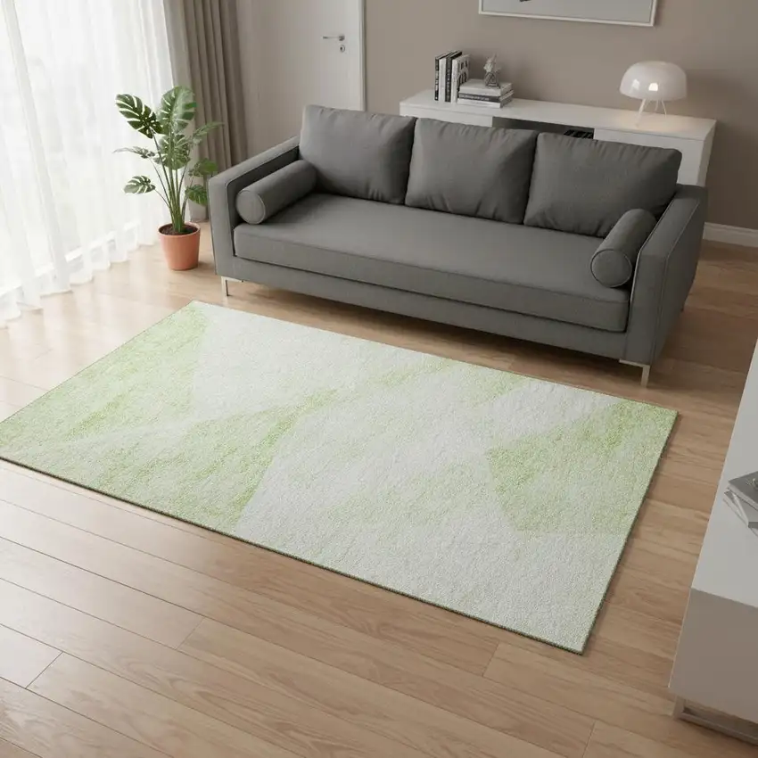 Artichoke Green And Ivory Geometric Washable Area Rug With UV Protection Photo 2