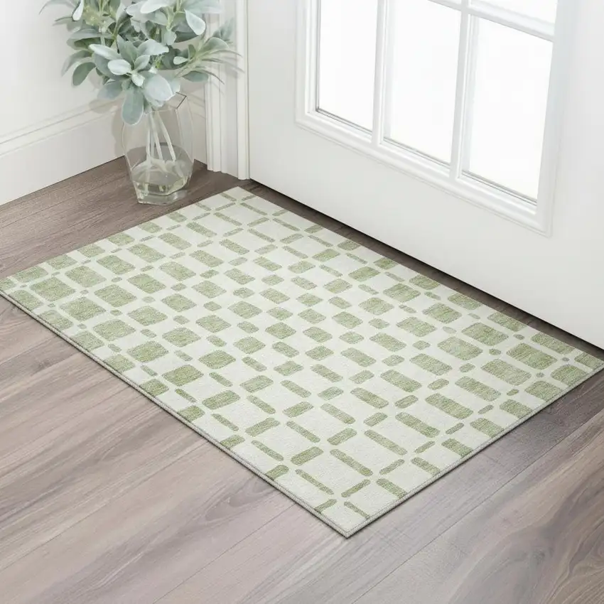 Artichoke Green And Ivory Geometric Washable Area Rug With UV Protection Photo 2