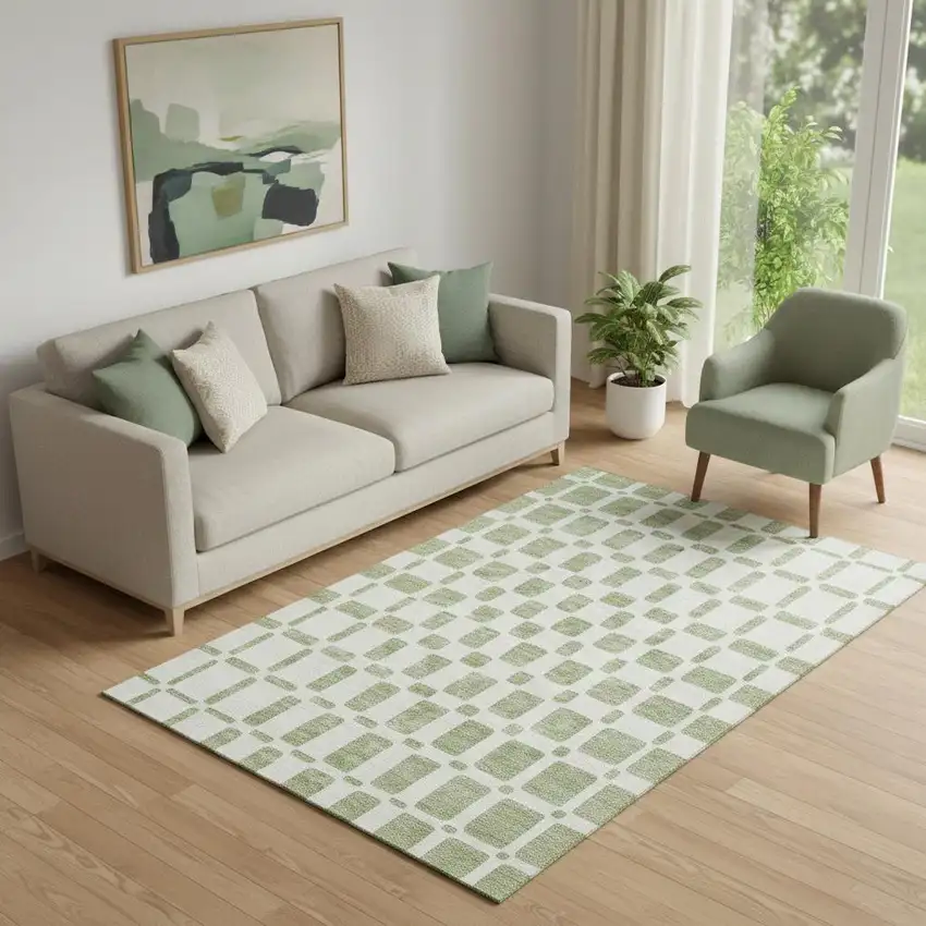 Artichoke Green And Ivory Geometric Washable Area Rug With UV Protection Photo 1