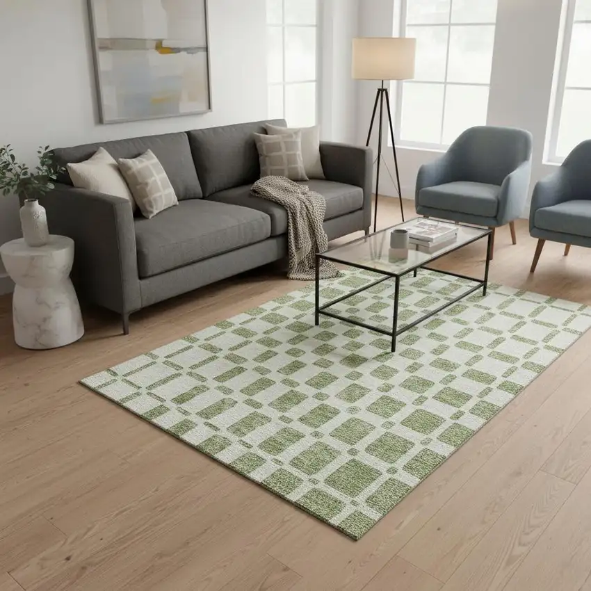 Artichoke Green And Ivory Geometric Washable Area Rug With UV Protection Photo 2