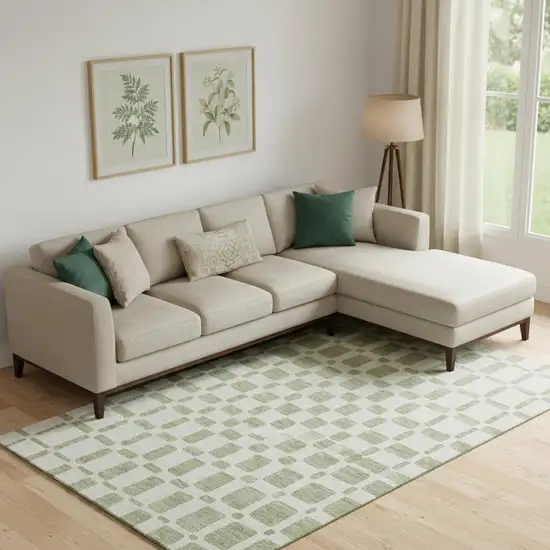 Artichoke Green And Ivory Geometric Washable Area Rug With UV Protection Photo 1