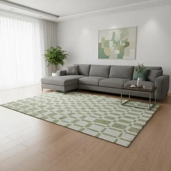 Artichoke Green And Ivory Geometric Washable Area Rug With UV Protection Photo 2