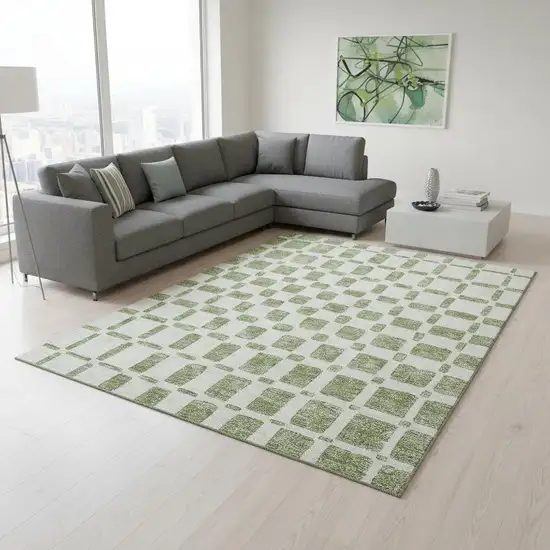 Artichoke Green And Ivory Geometric Washable Area Rug With UV Protection Photo 2