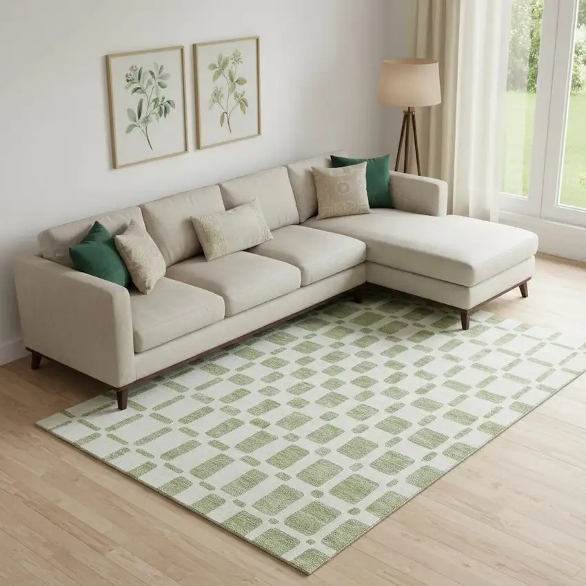 Artichoke Green And Ivory Geometric Washable Area Rug With UV Protection Photo 1