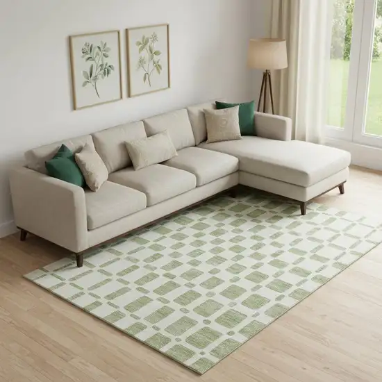 Artichoke Green And Ivory Geometric Washable Area Rug With UV Protection Photo 1