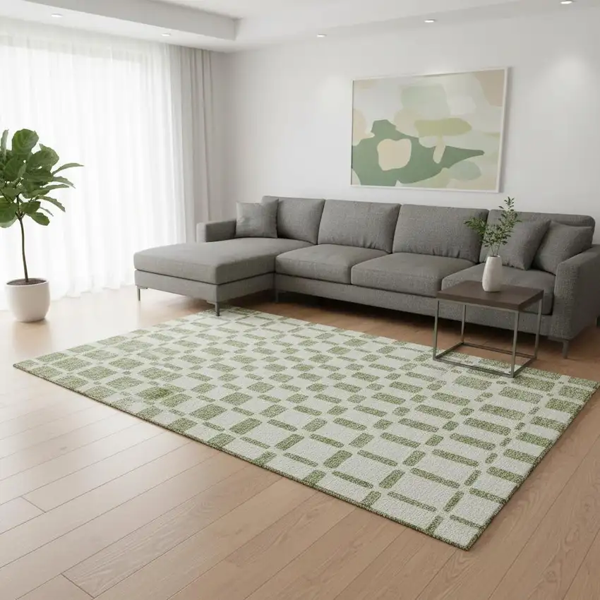 Artichoke Green And Ivory Geometric Washable Area Rug With UV Protection Photo 2