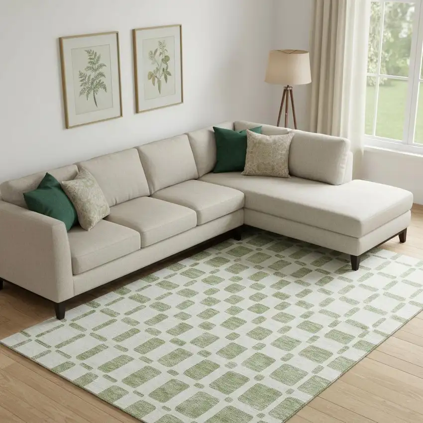 Artichoke Green And Ivory Geometric Washable Area Rug With UV Protection Photo 1