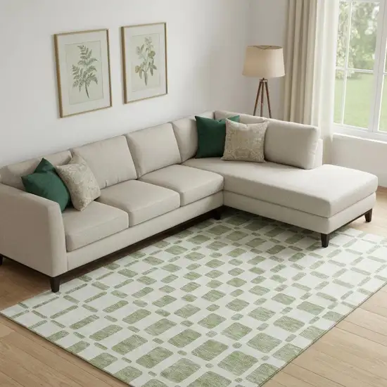 Artichoke Green And Ivory Geometric Washable Area Rug With UV Protection Photo 1