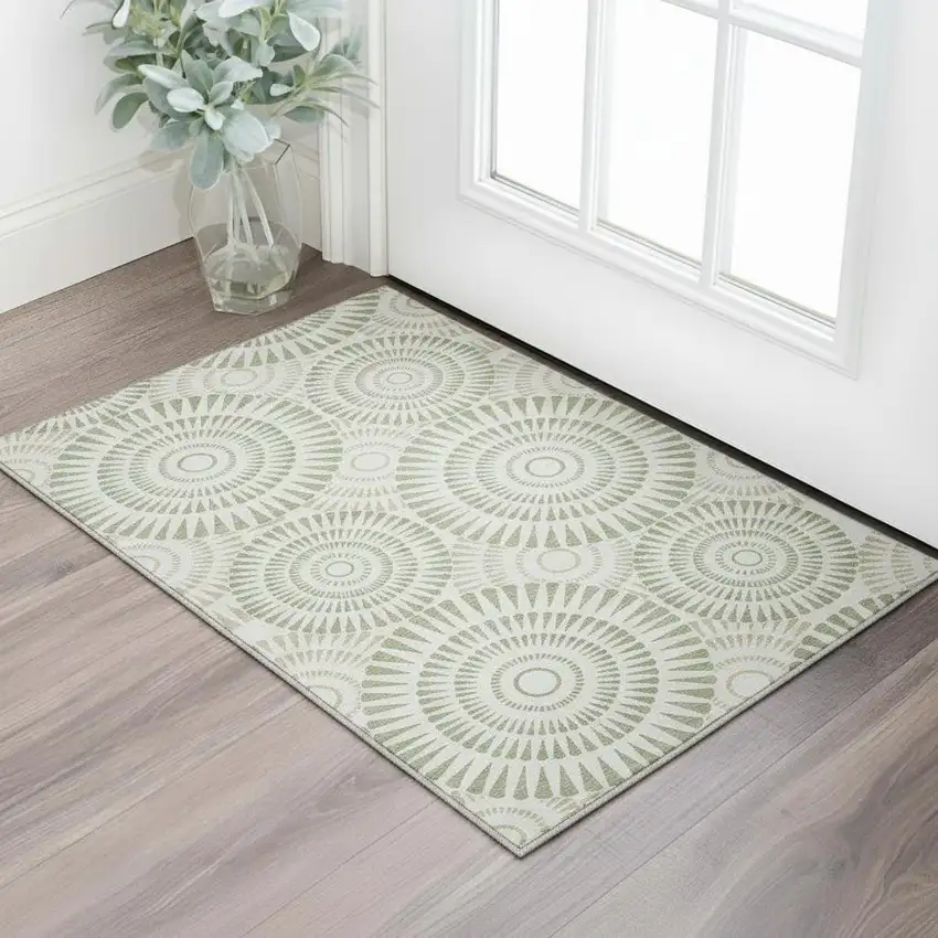 Artichoke Green And Ivory Geometric Washable Area Rug With UV Protection Photo 1