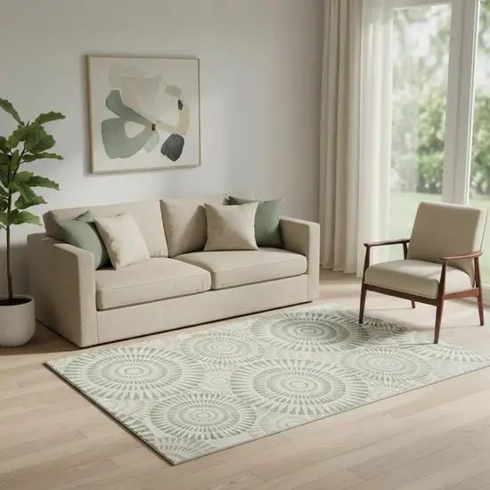 Artichoke Green And Ivory Geometric Washable Area Rug With UV Protection Photo 1