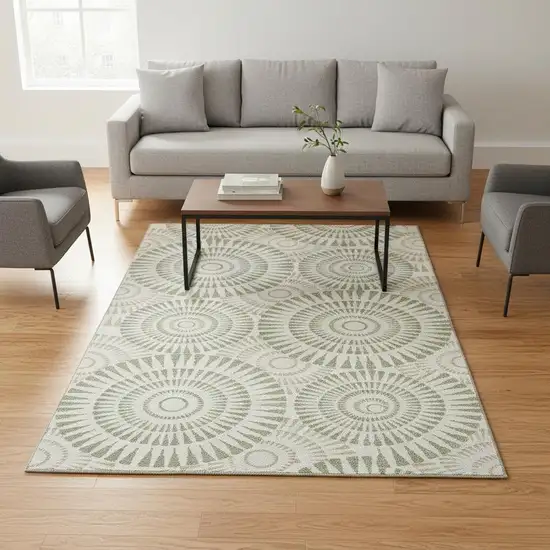 Artichoke Green And Ivory Geometric Washable Area Rug With UV Protection Photo 2
