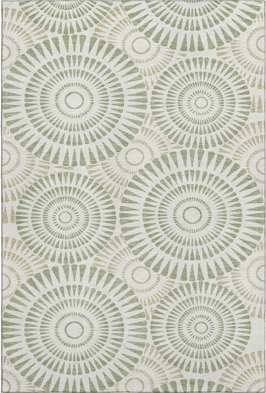 Artichoke Green And Ivory Geometric Washable Area Rug With UV Protection Photo 1