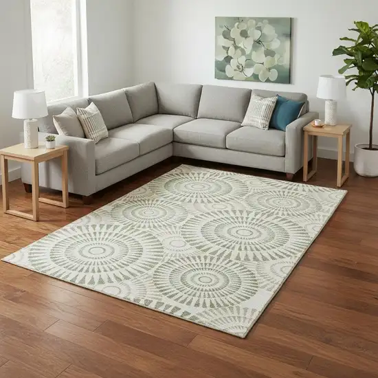 Artichoke Green And Ivory Geometric Washable Area Rug With UV Protection Photo 2