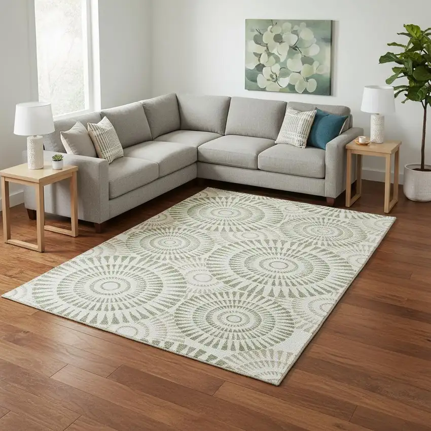 Artichoke Green And Ivory Geometric Washable Area Rug With UV Protection Photo 2