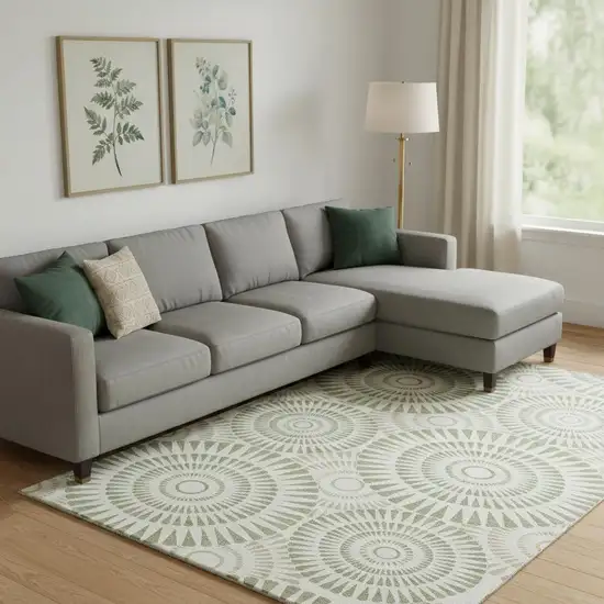 Artichoke Green And Ivory Geometric Washable Area Rug With UV Protection Photo 1