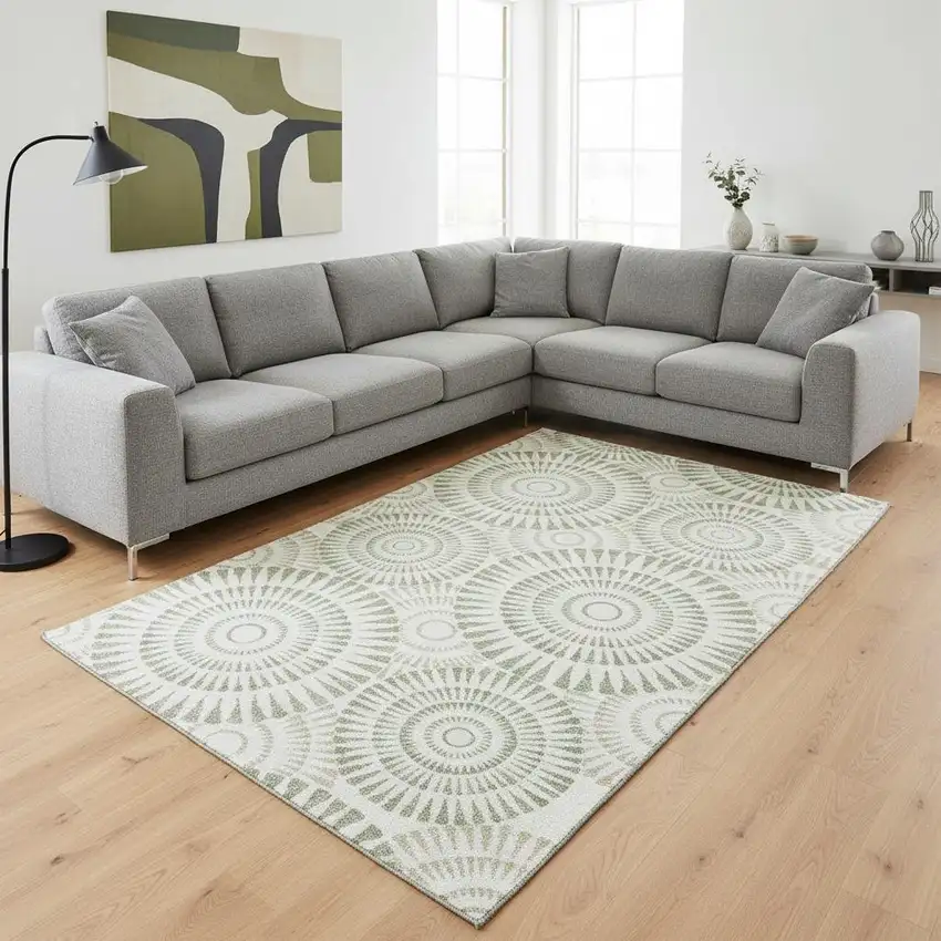 Artichoke Green And Ivory Geometric Washable Area Rug With UV Protection Photo 2