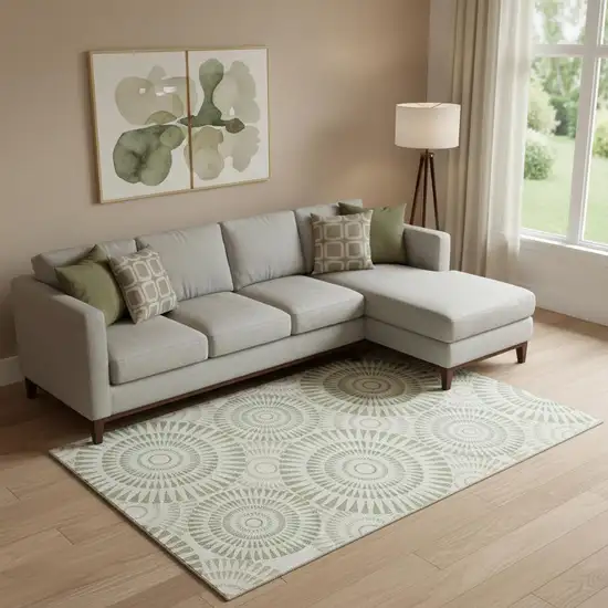 Artichoke Green And Ivory Geometric Washable Area Rug With UV Protection Photo 1