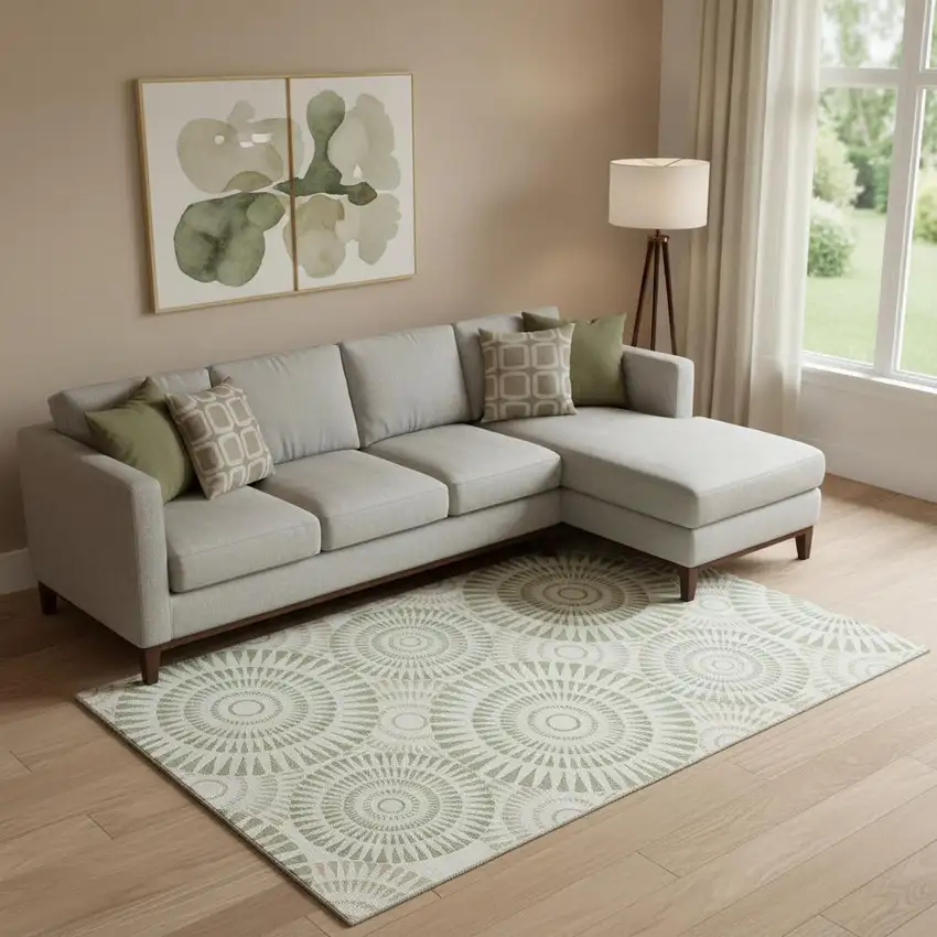 Artichoke Green And Ivory Geometric Washable Area Rug With UV Protection Photo 1