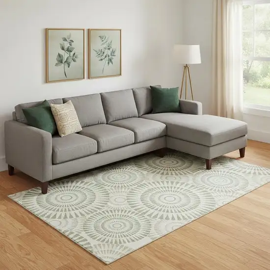 Artichoke Green And Ivory Geometric Washable Area Rug With UV Protection Photo 1