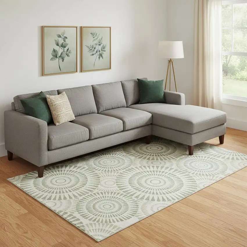 Artichoke Green And Ivory Geometric Washable Area Rug With UV Protection Photo 1