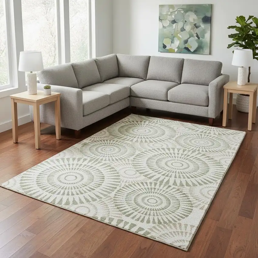 Artichoke Green And Ivory Geometric Washable Area Rug With UV Protection Photo 2