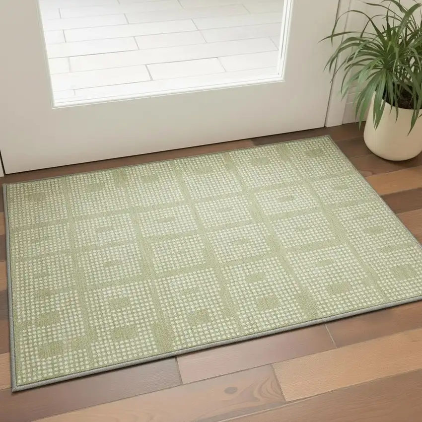Artichoke Green And Ivory Geometric Washable Area Rug With UV Protection Photo 2