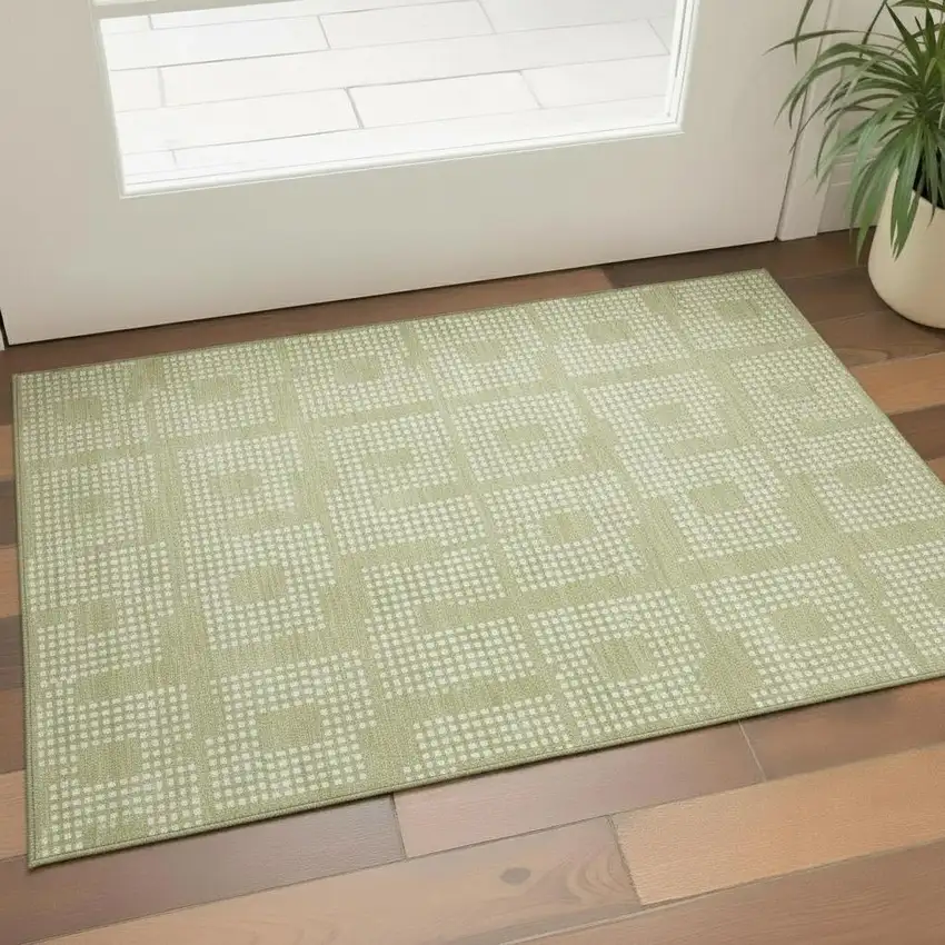 Artichoke Green And Ivory Geometric Washable Area Rug With UV Protection Photo 1