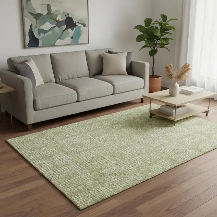 Artichoke Green And Ivory Geometric Washable Area Rug With UV Protection Photo 2