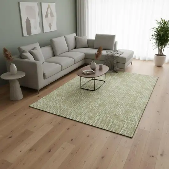 Artichoke Green And Ivory Geometric Washable Area Rug With UV Protection Photo 2