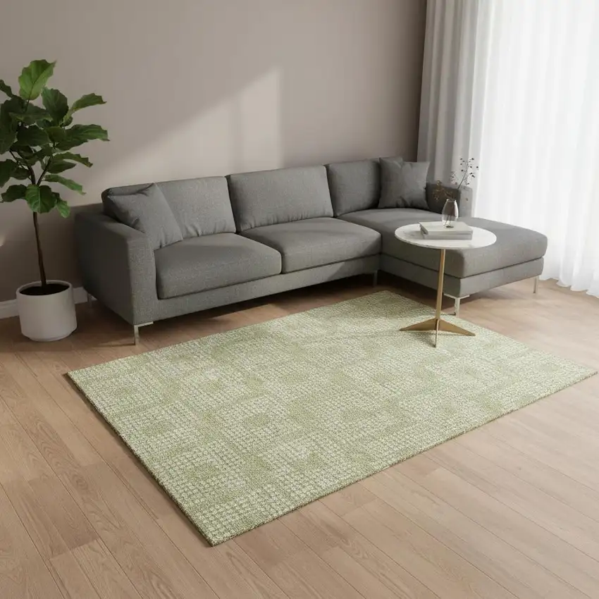 Artichoke Green And Ivory Geometric Washable Area Rug With UV Protection Photo 2