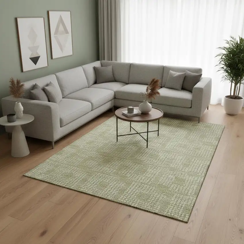 Artichoke Green And Ivory Geometric Washable Area Rug With UV Protection Photo 2