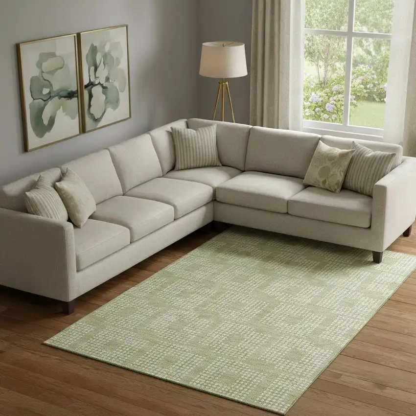 Artichoke Green And Ivory Geometric Washable Area Rug With UV Protection Photo 1