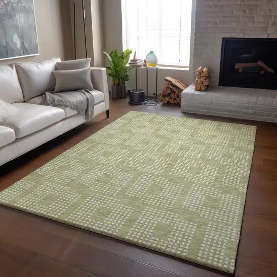 Artichoke Green And Ivory Geometric Washable Area Rug With UV Protection Photo 6