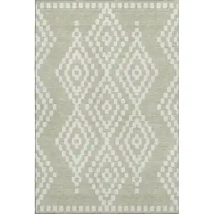 Photo of Artichoke Green And Ivory Geometric Washable Area Rug With UV Protection