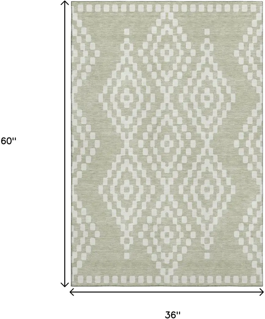 Artichoke Green And Ivory Geometric Washable Area Rug With UV Protection Photo 3