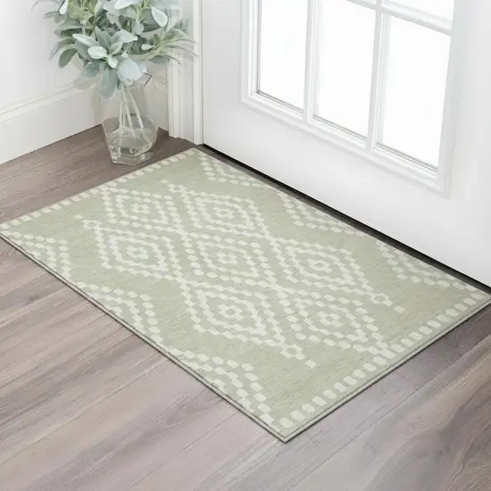 Artichoke Green And Ivory Geometric Washable Area Rug With UV Protection Photo 2