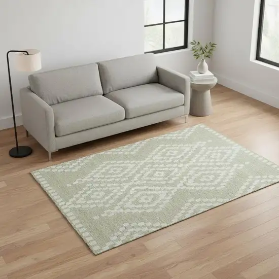 Artichoke Green And Ivory Geometric Washable Area Rug With UV Protection Photo 2