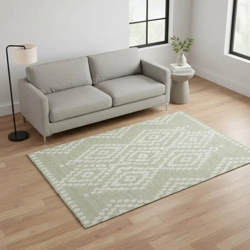Artichoke Green And Ivory Geometric Washable Area Rug With UV Protection Photo 2
