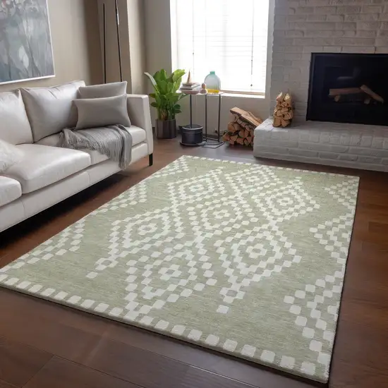 Artichoke Green And Ivory Geometric Washable Area Rug With UV Protection Photo 6