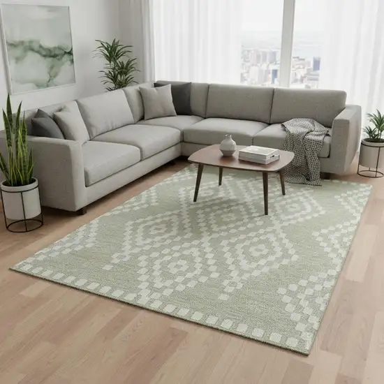 Artichoke Green And Ivory Geometric Washable Area Rug With UV Protection Photo 2