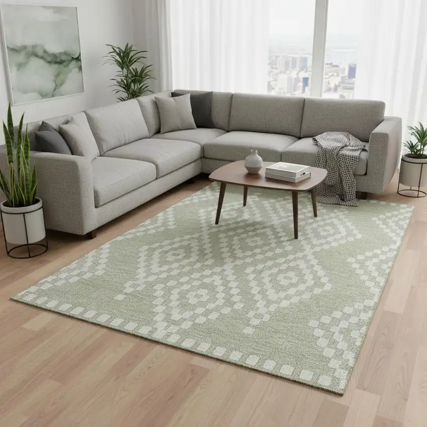 Artichoke Green And Ivory Geometric Washable Area Rug With UV Protection Photo 2