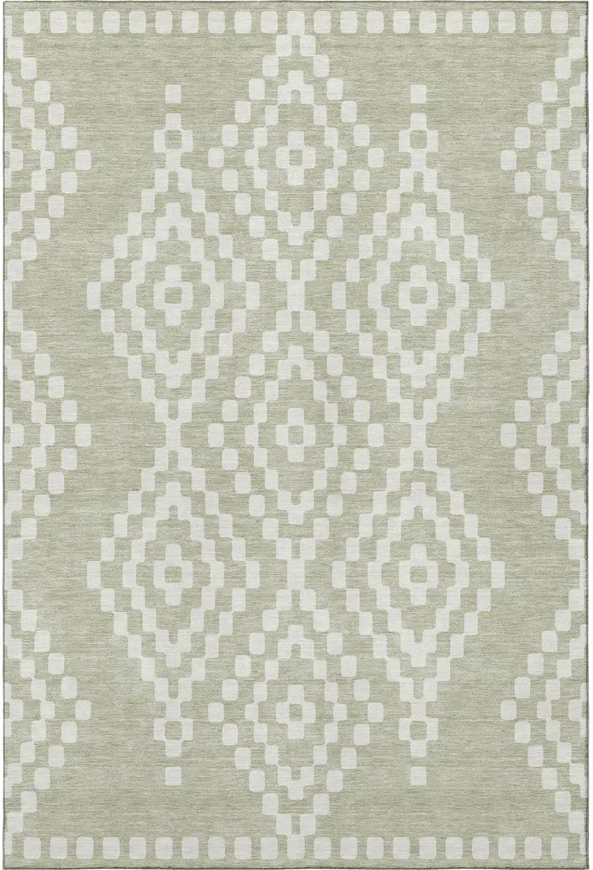 Artichoke Green And Ivory Geometric Washable Area Rug With UV Protection Photo 4