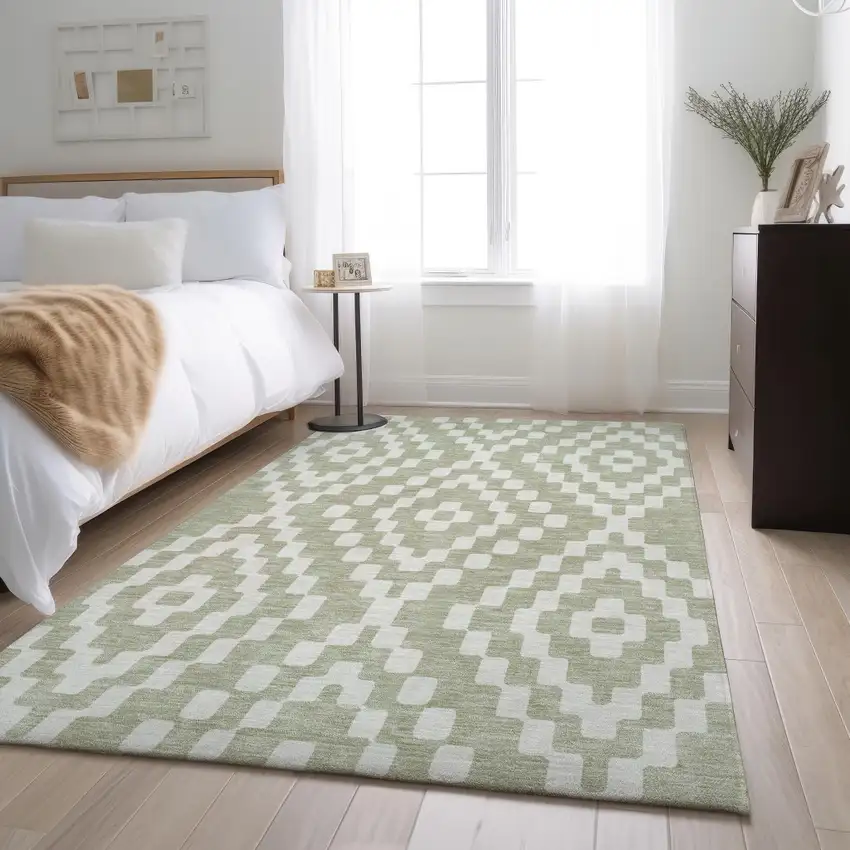 Artichoke Green And Ivory Geometric Washable Area Rug With UV Protection Photo 5
