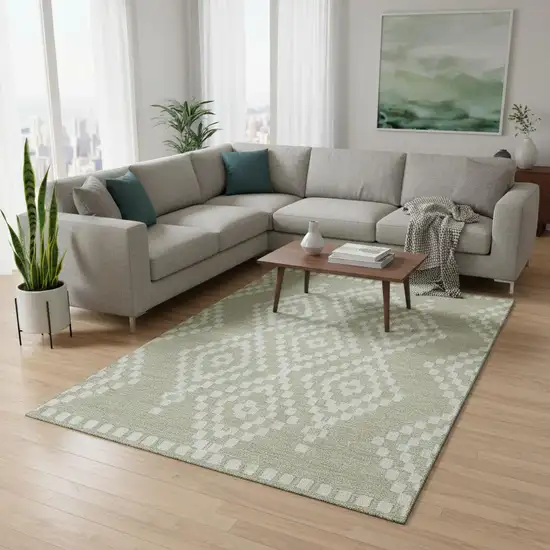 Artichoke Green And Ivory Geometric Washable Area Rug With UV Protection Photo 2