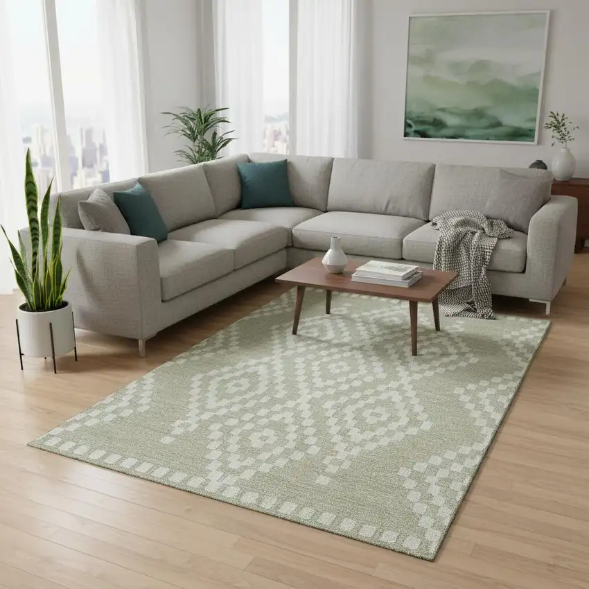 Artichoke Green And Ivory Geometric Washable Area Rug With UV Protection Photo 2