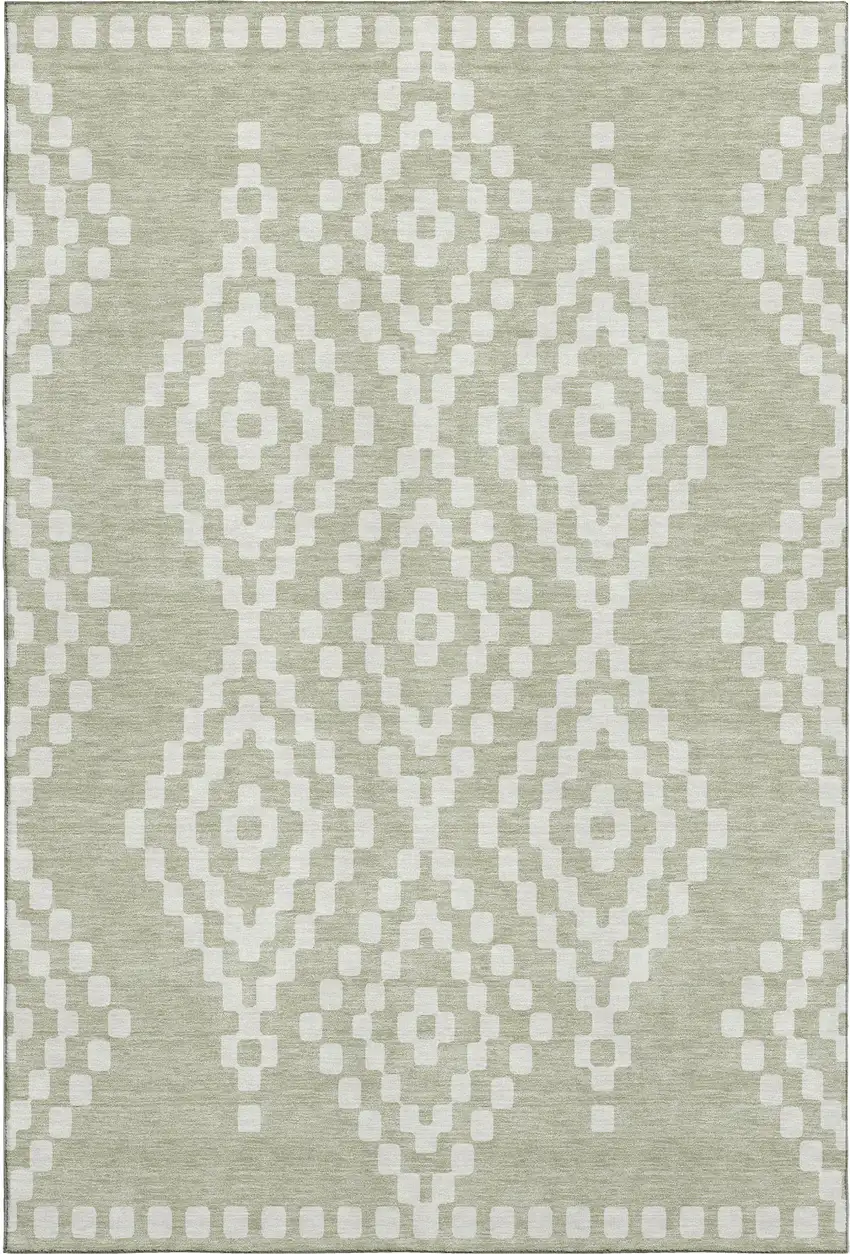 Artichoke Green And Ivory Geometric Washable Area Rug With UV Protection Photo 1