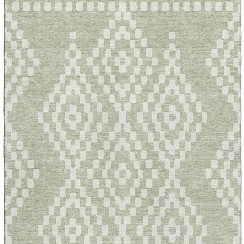 Artichoke Green And Ivory Geometric Washable Area Rug With UV Protection Photo 4