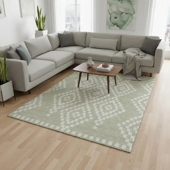 Artichoke Green And Ivory Geometric Washable Area Rug With UV Protection Photo 2