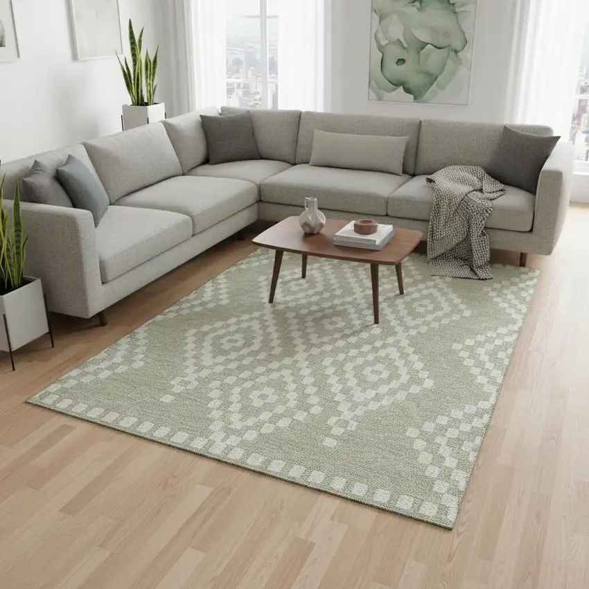 Artichoke Green And Ivory Geometric Washable Area Rug With UV Protection Photo 2