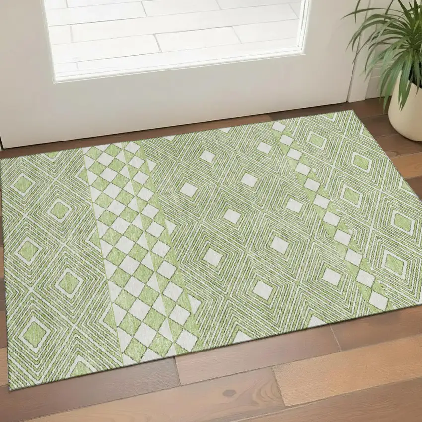 Artichoke Green And Ivory Geometric Washable Area Rug With UV Protection Photo 1